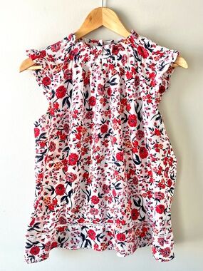 Mandy Evans White and All-Over Floral Sleeveless Blouse with Ruffles Size Large